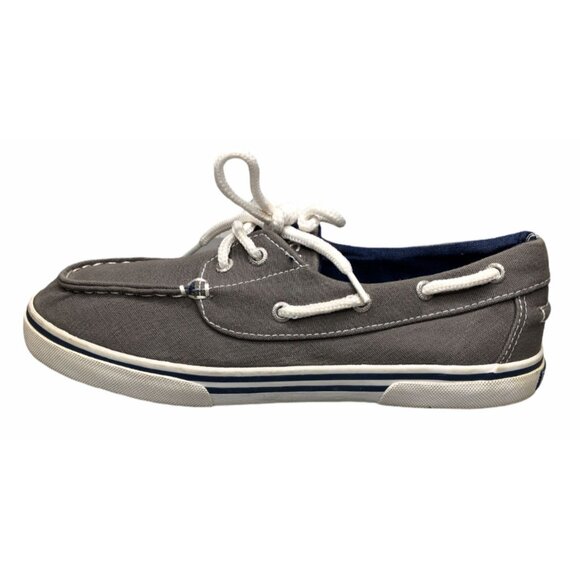 Nautica Boat Shoes Canvas Youth Size 4 Gray White Boys Flats Spinnaker Pintucked - Picture 1 of 12